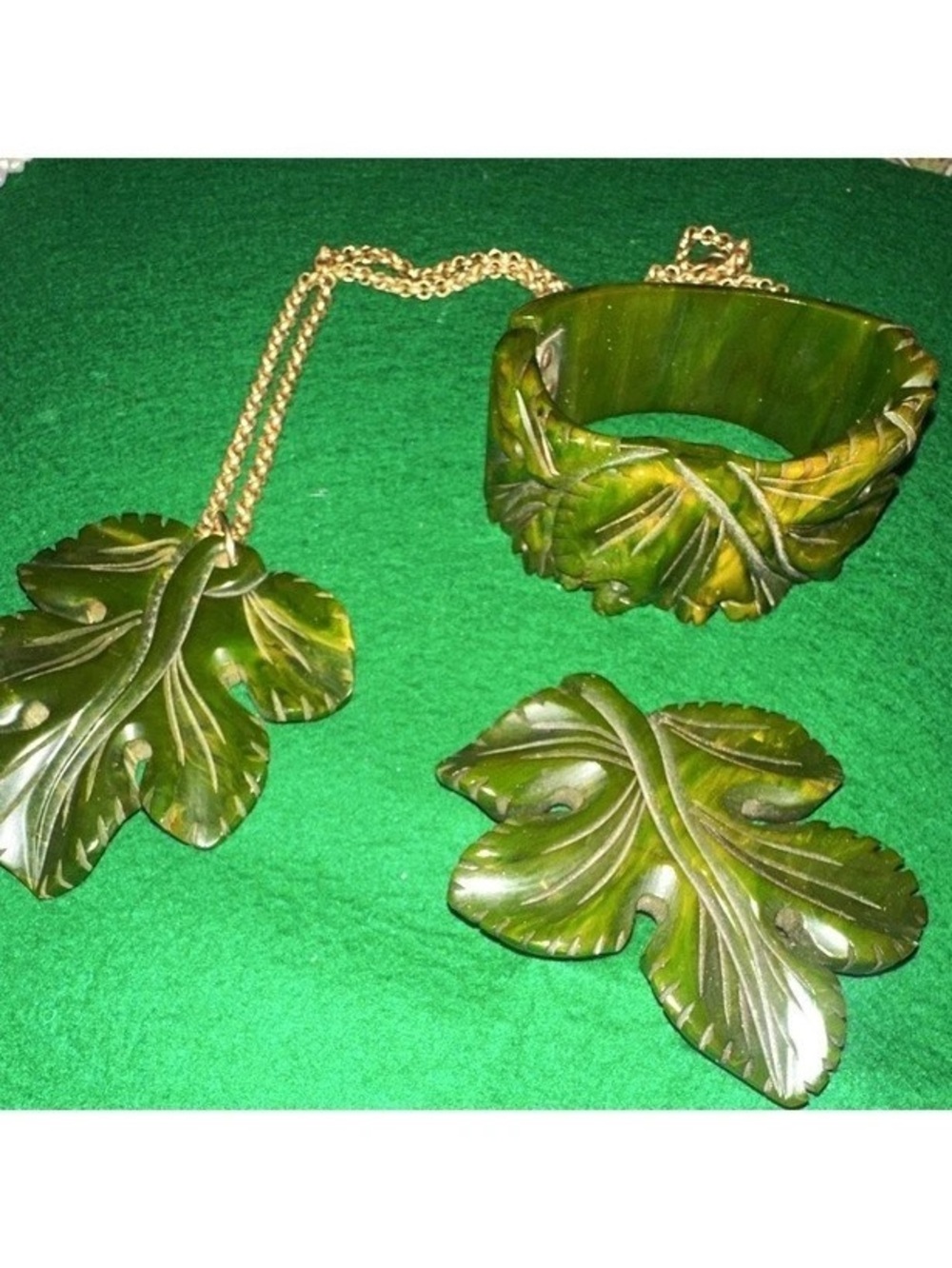 Vintage Rare Carved Bakelite Bracelet, Pin, and Necklace